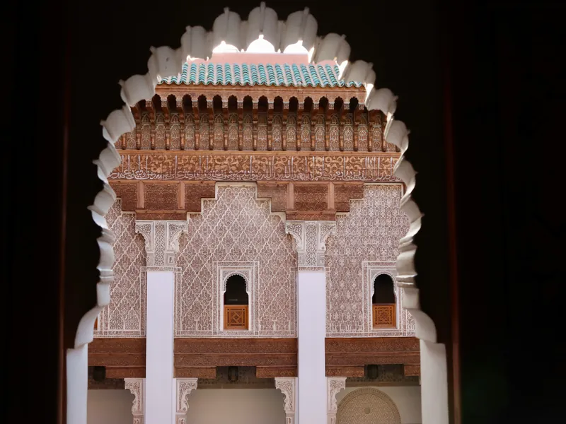 Illuminated Moroccan arches at night