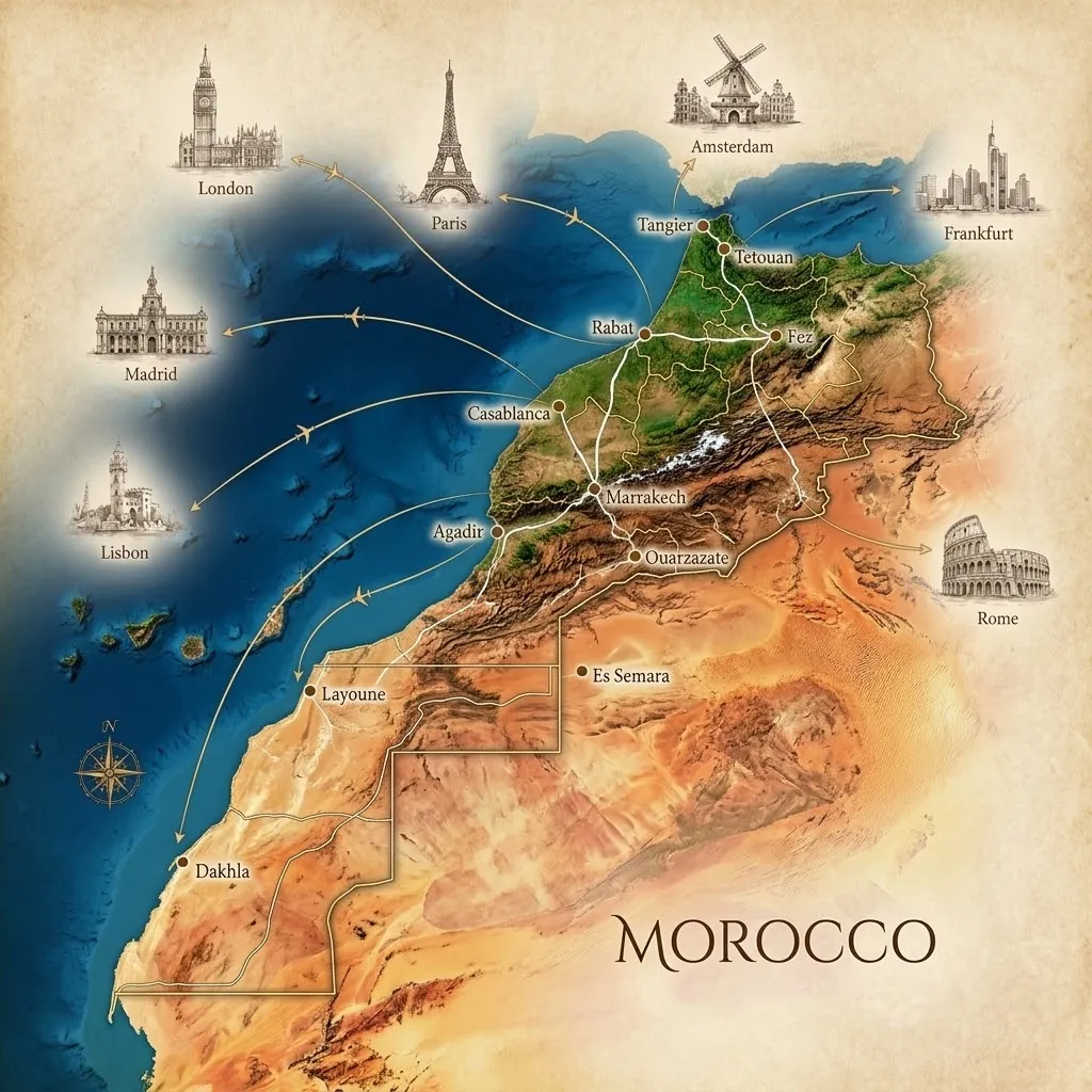 Illustrated map of Morocco from Tangier to Dakhla, showing key cities, the Atlantic coast, the Sahara and flight connections to Europe